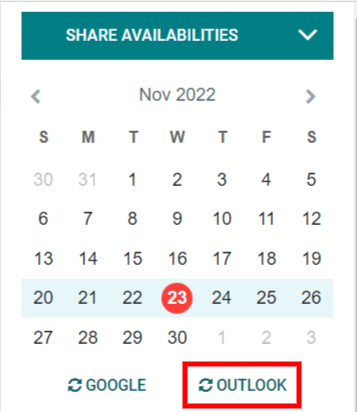 „Outlook“ sinchronizavimo mygtukas „Odoo Calendar“ kalendoriuje.