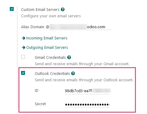 „Outlook kredencialai“ Odoo bendruosiuose nustatymuose.