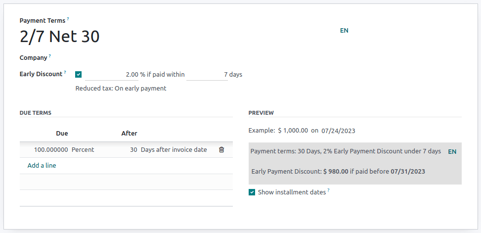 Mokėjimo sąlygų konfigūracija pavadinimu "2/7 Net 30". Laukas "Aprašymas sąskaitose" yra toks: "Mokėjimo sąlygos: 30 dienų, 2% nuolaida už ankstyvą mokėjimą per 7 dienas".