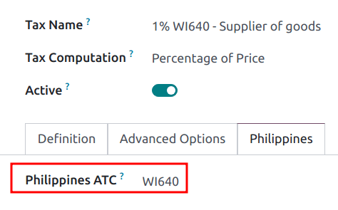 Filipinų ATC kodo laukas nustatytas mokesčiams.