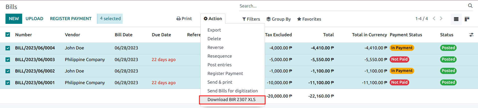 Pasirinkti keli pardavėjų sąskaitas faktūras veiksmai "Atsisiųsti BIR 2307 XLS".