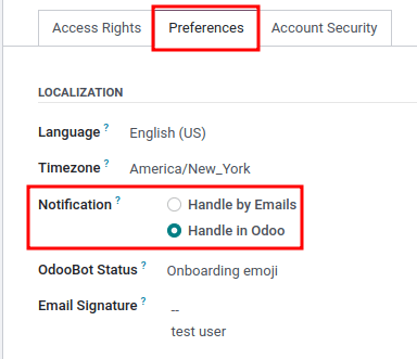 Peržiūrėti skirtuką „Parinktys“ programoje „Odoo Discuss“.