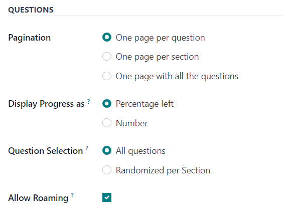 Klausimų skyrius Parinkčių skirtuke apklausos formoje Odoo apklausose.