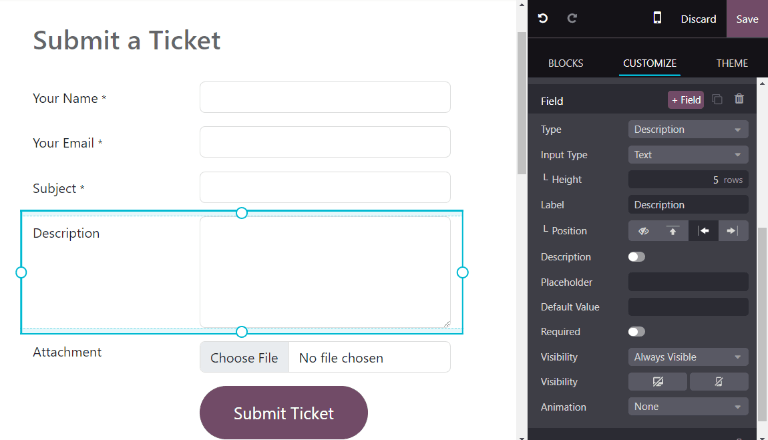 Neišleisto tinklalapio formos, skirtos pateikti bilietą „Odoo Helpdesk“, vaizdas.