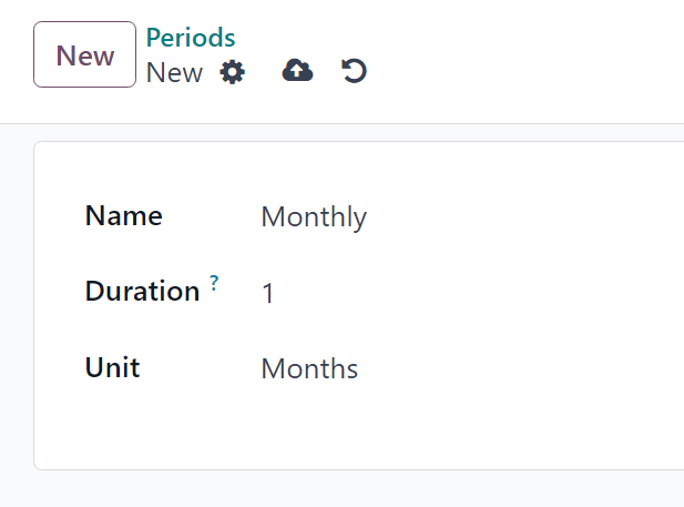 Pasikartojimo laikotarpio forma Odoo prenumeratų programoje.