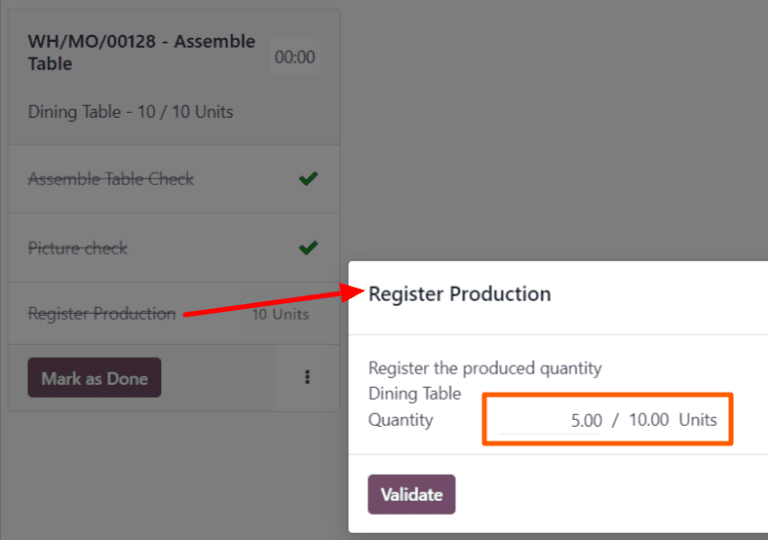 Gamybos registravimo iššokantis langas Parduotuvės grindų modulyje.