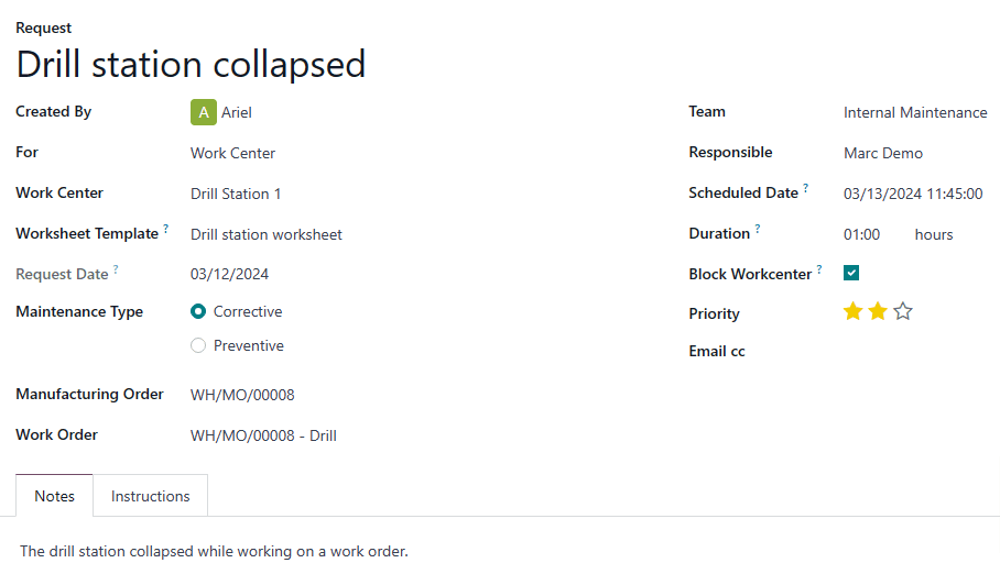 Techninės priežiūros užklausos forma, užpildyta dėl įrangos.