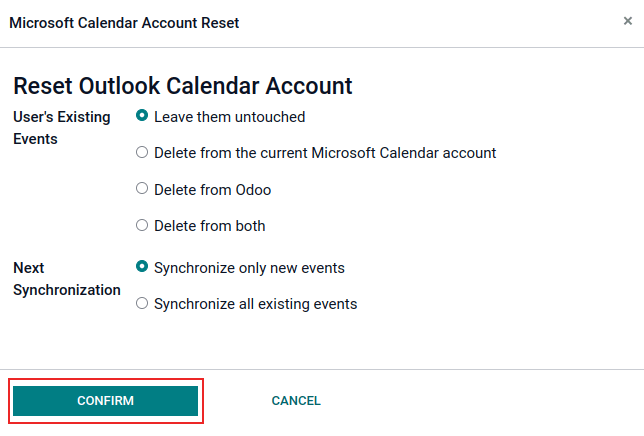 „Outlook“ kalendoriaus atstatymo parinktys programoje „Odoo“.