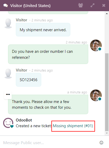 Peržiūra pokalbių lango su pagalbos tarnybos bilietu, sukurtu „Odoo Live Chat“.