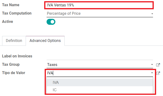 ICA, IVA ir Fuente laukai skiltyje Išplėstinės parinktys Odoo.