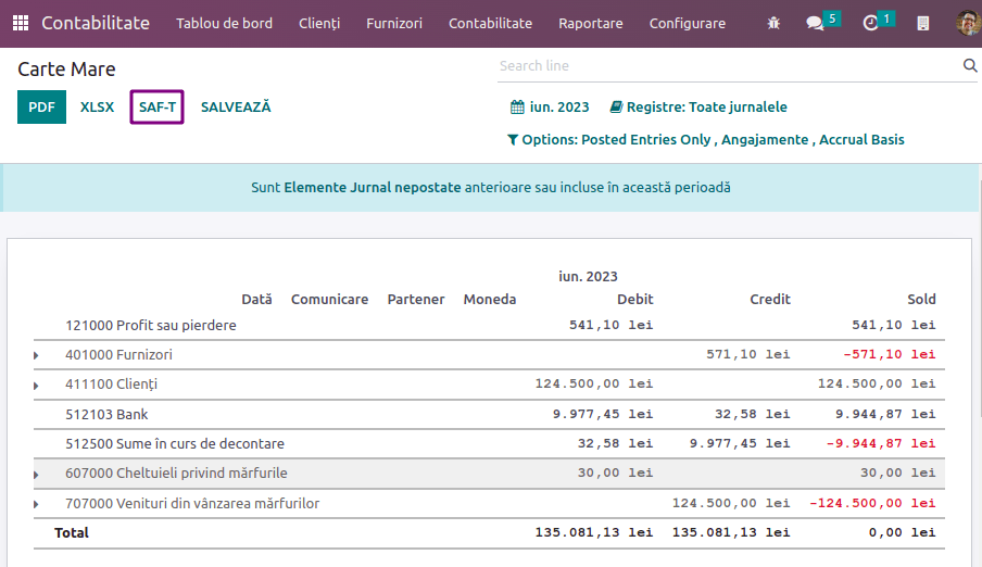 Paspauskite 'SAF-T' mygtuką, kad eksportuotumėte D.406 XML deklaraciją.