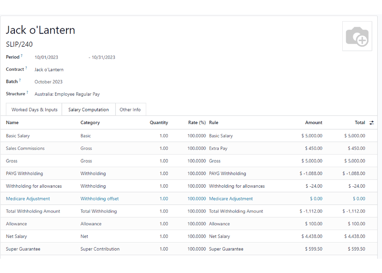 Atlyginimo skaičiavimas Odoo Payroll sistemoje.