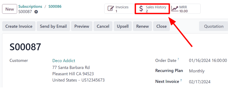 Pardavimų istorijos išmanusis mygtukas Odoo prenumeratų programoje.