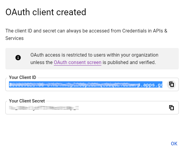 „Google OAuth“ kliento ID sukurtas.