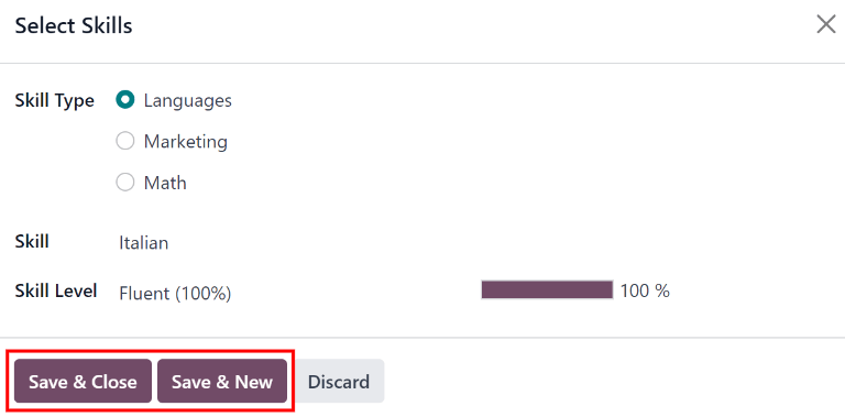 Įgūdžių forma su užpildyta informacija.