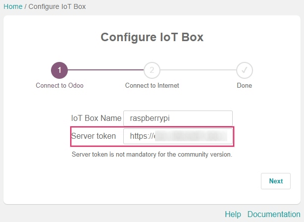 Įveskite serverio žetoną į IoT dėžutę.