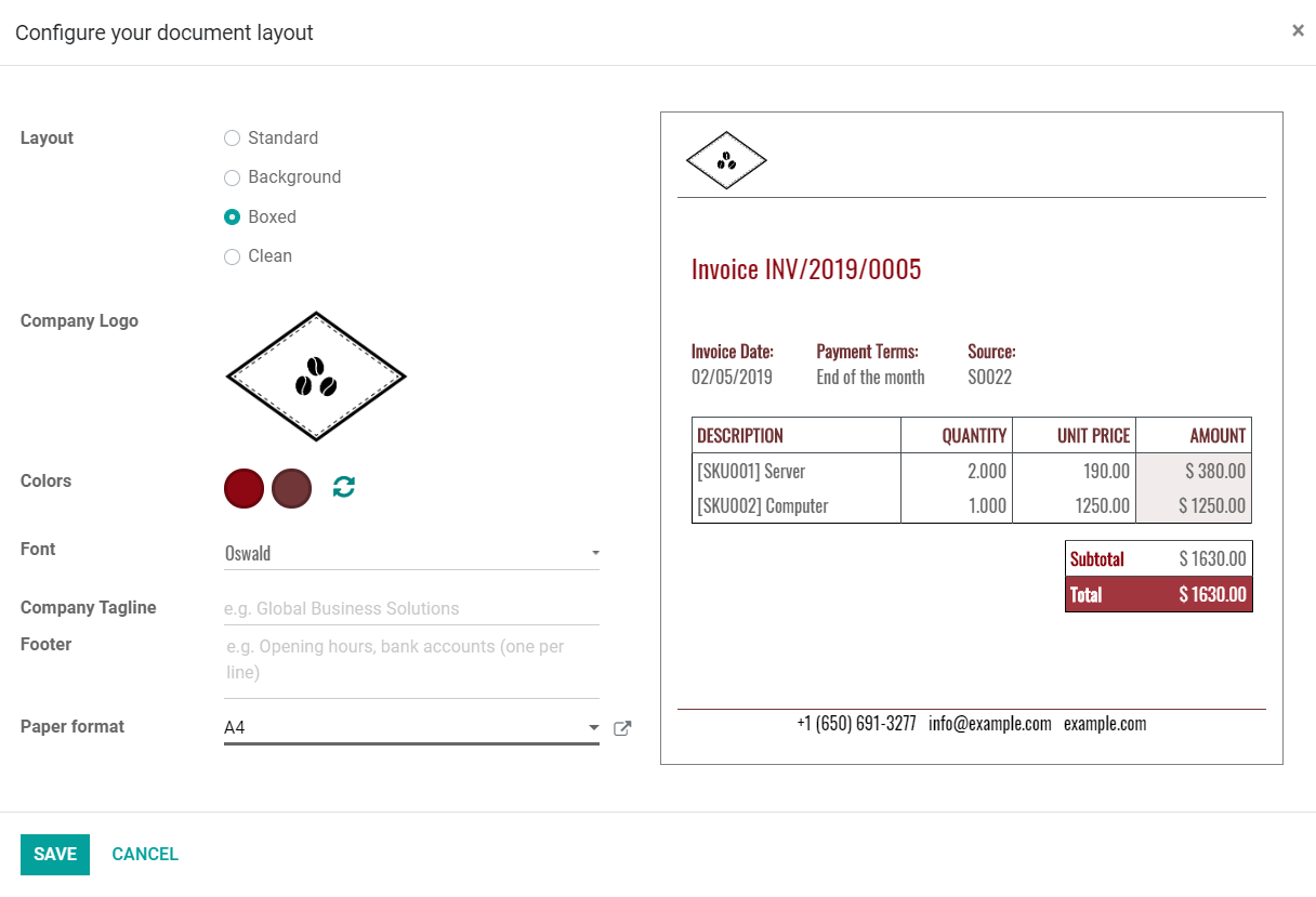 Dokumento išdėstymo konfigūracija Odoo sąskaitų išrašyme