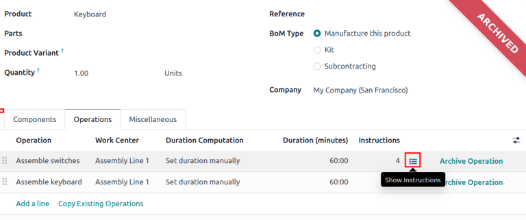 „Rodyti instrukcijas“ piktograma skirtuke *Operacijos* materialinių išteklių sąraše (BoM).