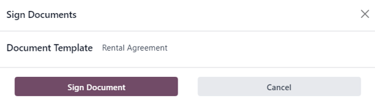 Iškylantis langas „Pasirašyti dokumentus“, kuris pasirodo Odoo nuomos programoje.