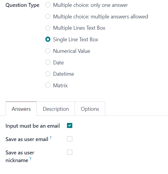 Vienos eilutės teksto langelio klausimo tipo atsakymų skirtukas Odoo apklausose.
