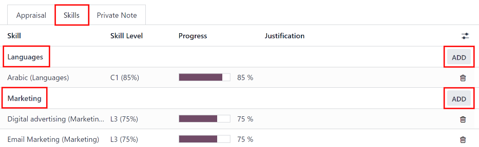 Visa įgūdžių skiltis vertinimo formoje, užpildyta.