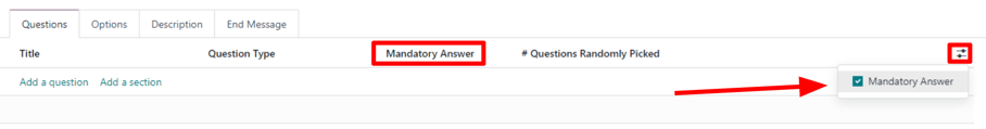 Slinkties išskleidžiamasis meniu, rodantis Privalomo atsakymo parinktį Odoo apklausose.