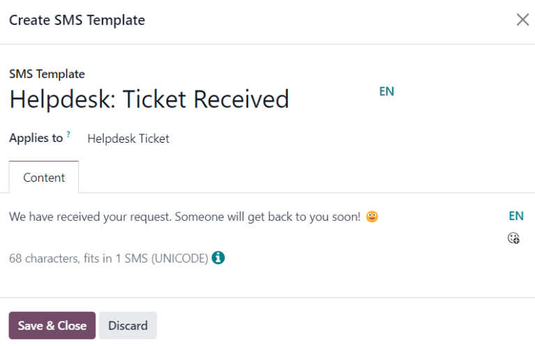 Vaizdas į SMS šablono nustatymo puslapį Odoo pagalbos tarnyboje
