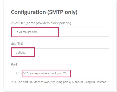 SMTP konfigūracija iš Mailjet.