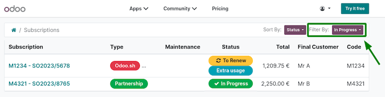 Odoo.com portalo prenumeratos, filtruotos pagal „vykdoma“.