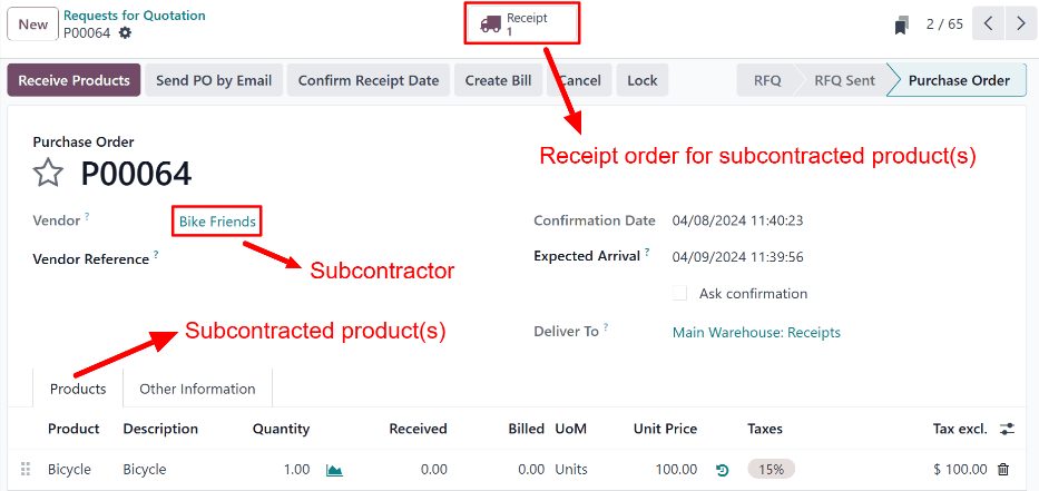 Subrangos sutartis už *Dropship Subrangovas užsakyme* produktą, su kvito išmaniuoju mygtuku puslapio viršuje.