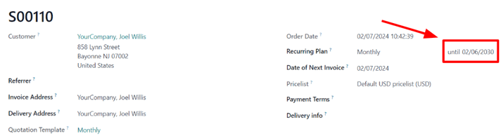 Prenumeratos pardavimo užsakymo galiojimo pabaigos data Odoo Prenumeratos sistemoje.
