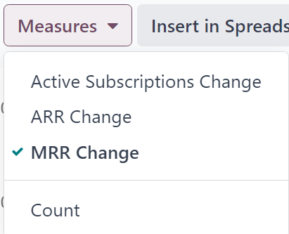 Nustatytoji MRR Breakdown ataskaitos puslapio išvaizda Odoo prenumeratose.