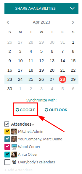 Spustelėkite „Google“ sinchronizavimo mygtuką Odoo kalendoriuje, kad sinchronizuotumėte „Google“ kalendorių su Odoo.