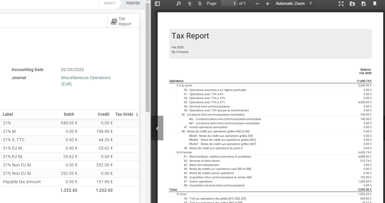 atsisųskite PDF failą su savo mokesčių ataskaita iš Odoo apskaitos sistemos