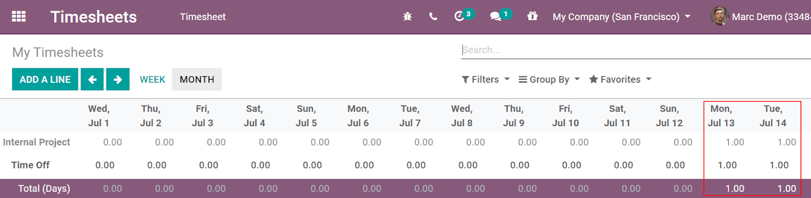 Įrašas apie darbo laiko apskaitos žiniaraščius pabrėžia prašomą darbuotojo laisvalaikį Odoo Timesheets sistemoje.