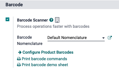 Įjungta brūkšninio kodo funkcija inventoriaus programėlės nustatymuose.