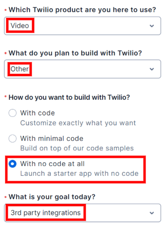 Twilio pasveikinimo puslapis.