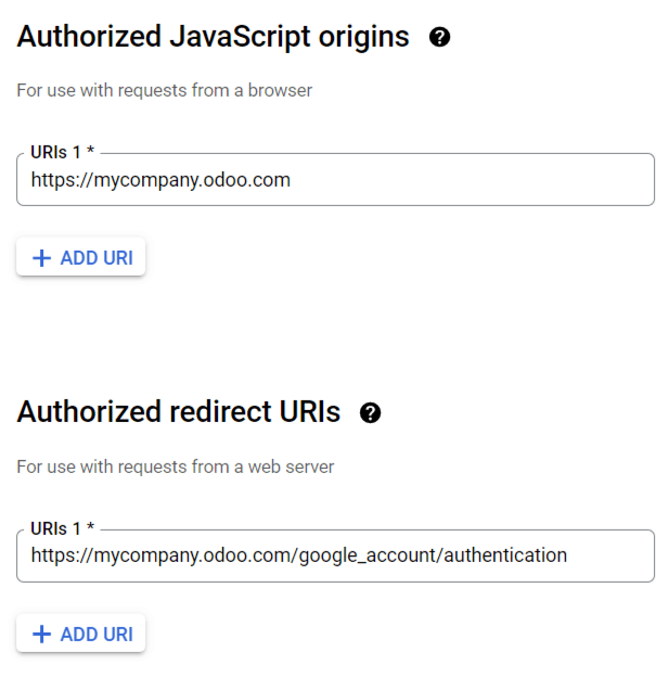 Pridėkite autorizuotas JavaScript kilmės vietas ir autorizuotus peradresavimo URI.