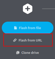 Vaizdas su Balena's Etcher programine įranga, kurioje paryškinta galimybė „Flash from URL“.