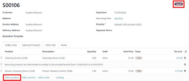 Produktų pridėjimas prie jūsų prenumeratos naudojant upsell parinktį Odoo prenumeratose