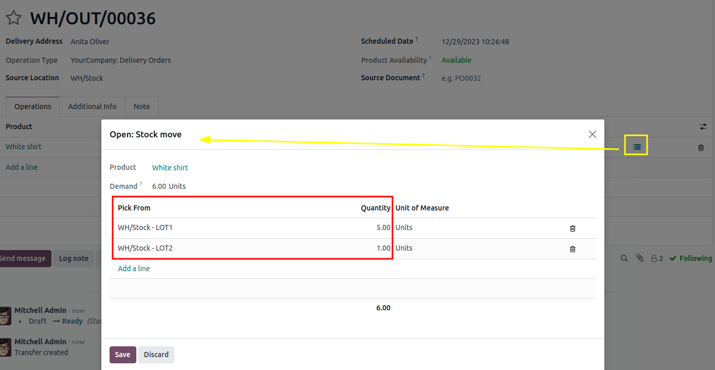 Du partijos, rezervuotos pardavimo užsakymui pagal FIFO strategiją.